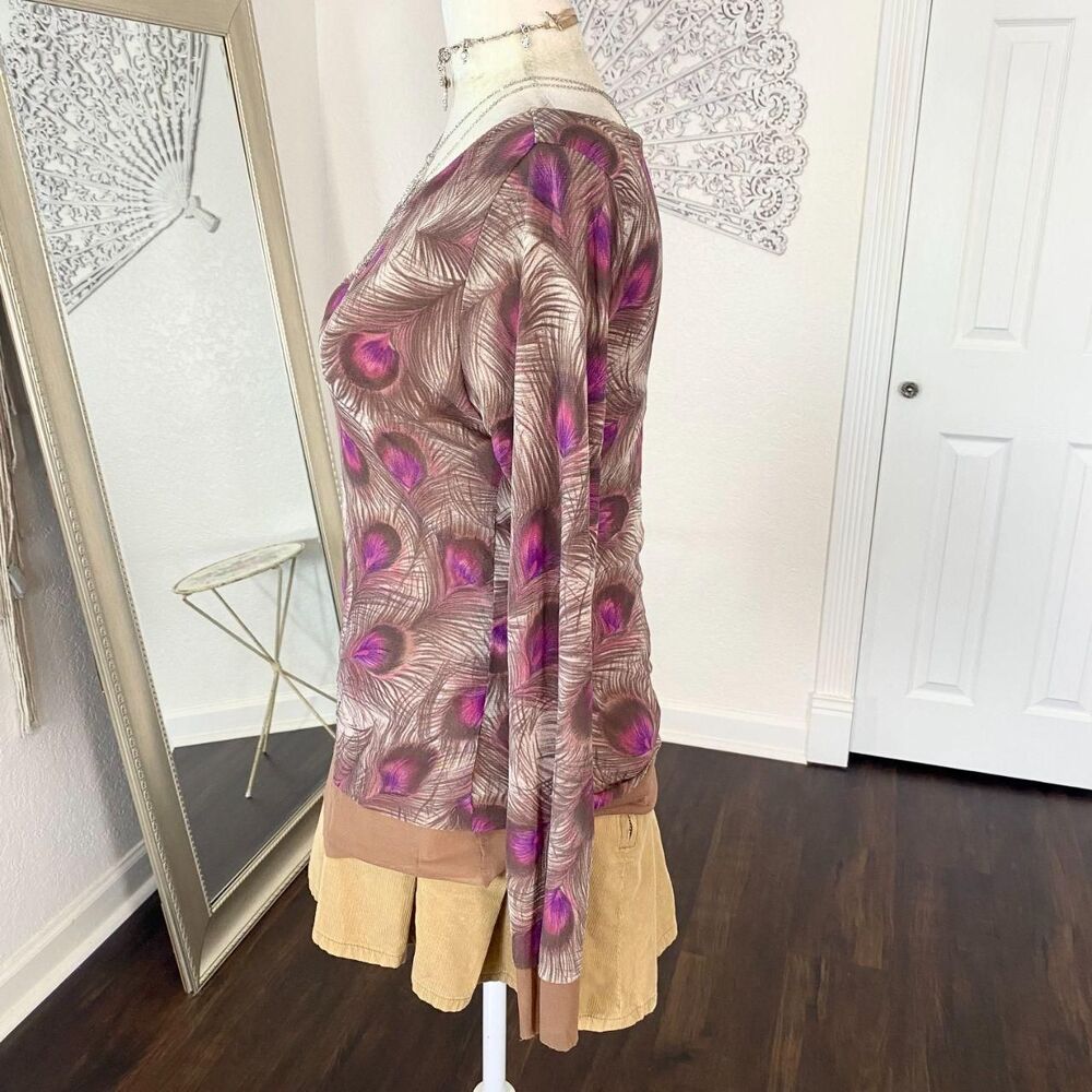The Limited Early 2000's Purple Pink Brown Mesh Peacock Print Long Sleeve Top L - Picture 3 of 6